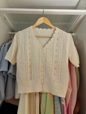 Women's Cream Short-Sleeve Knit Cardigan - Classic Button Front